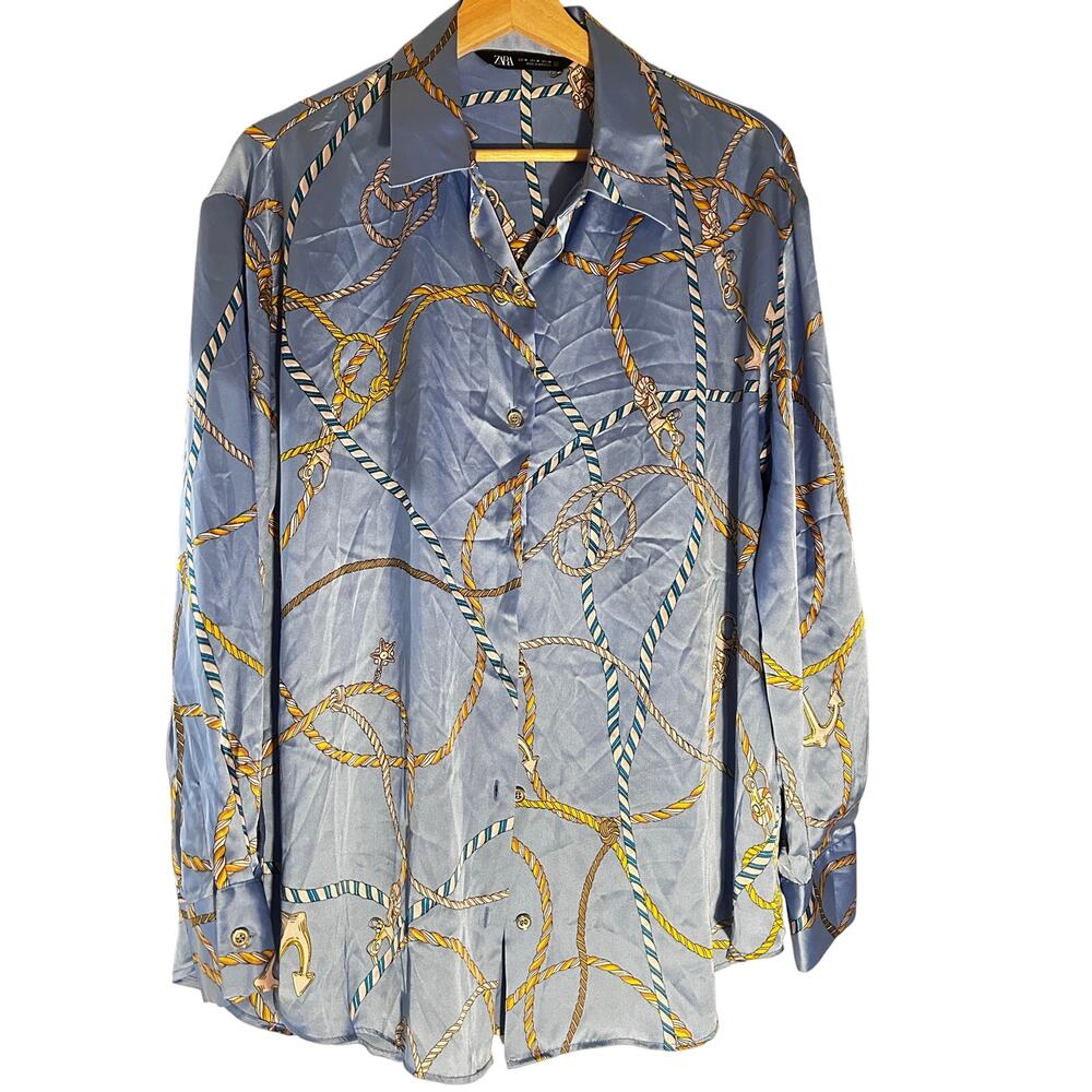 Zara Satin Rope Print Blouse Blue Nautical Anchor Shirt Size M